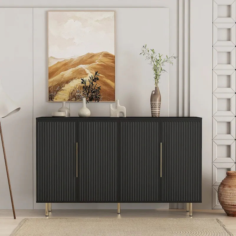 Buffet cannelé blanc / noir, Armoire de rangement 4 portes avec étagères réglables