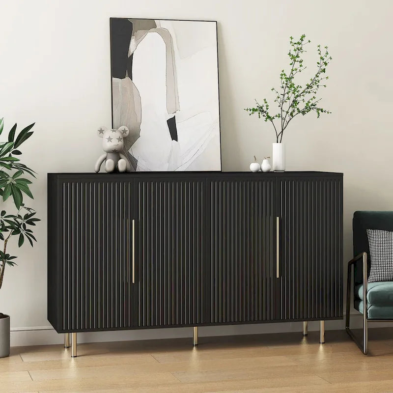 White / Black Fluted Sideboard, 4-Door Storage Cabinet with Adjustable Shelves