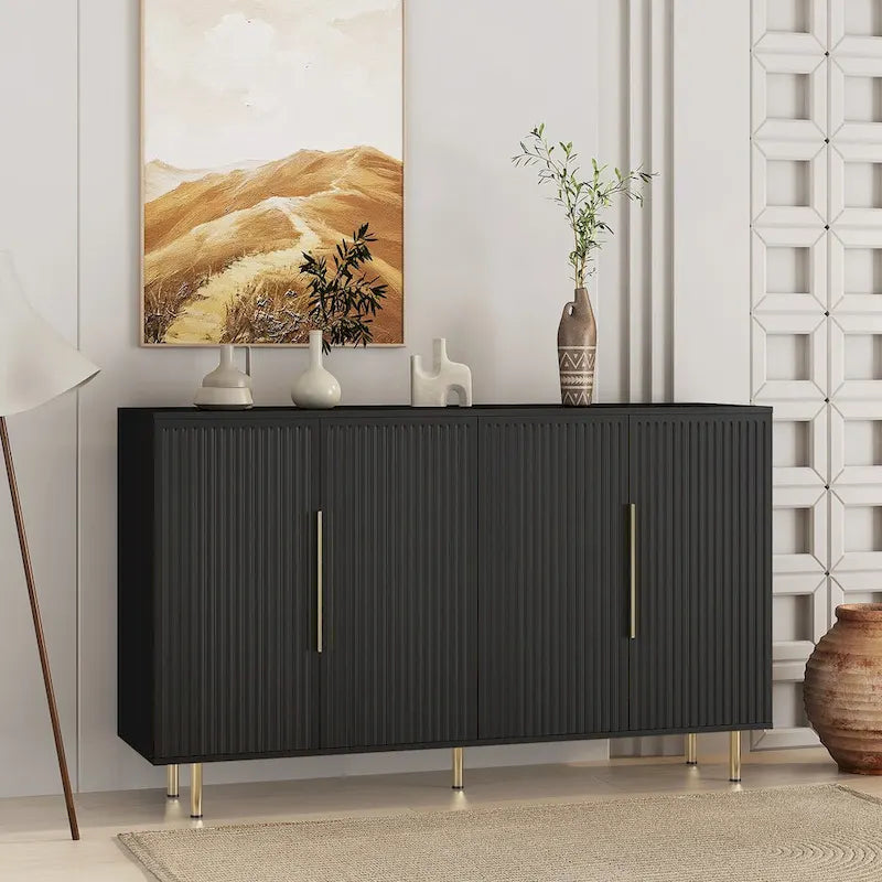 White / Black Fluted Sideboard, 4-Door Storage Cabinet with Adjustable Shelves