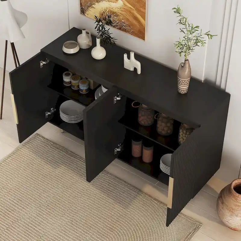 White / Black Fluted Sideboard, 4-Door Storage Cabinet with Adjustable Shelves