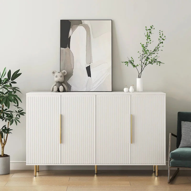White / Black Fluted Sideboard, 4-Door Storage Cabinet with Adjustable Shelves