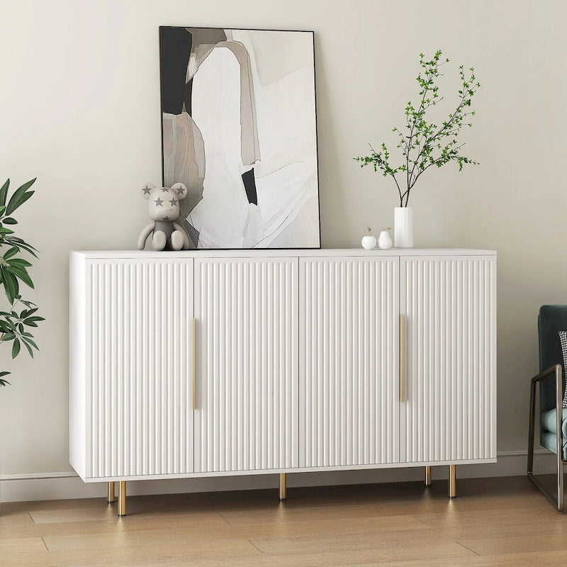 White / Black Fluted Sideboard, 4-Door Storage Cabinet with Adjustable Shelves