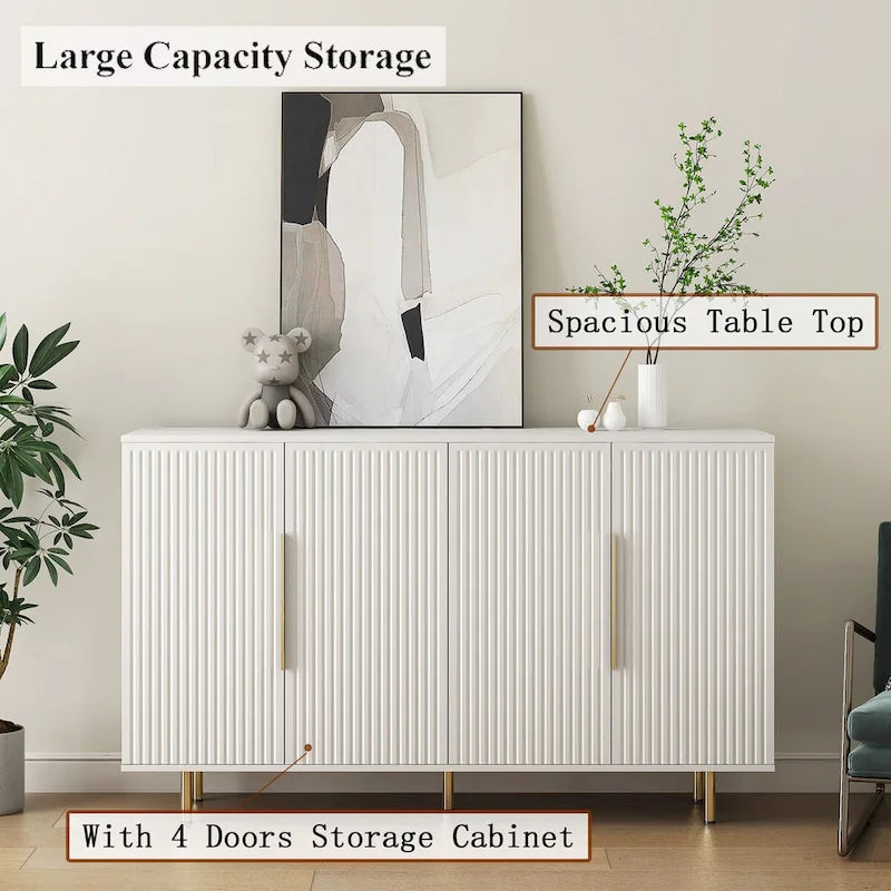 White / Black Fluted Sideboard, 4-Door Storage Cabinet with Adjustable Shelves