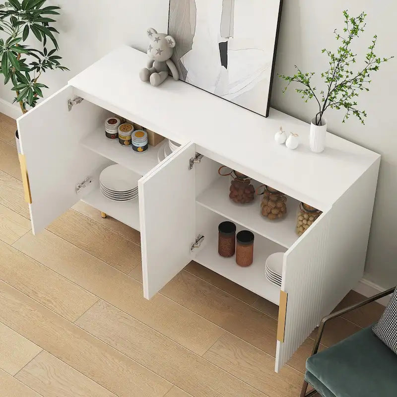 White / Black Fluted Sideboard, 4-Door Storage Cabinet with Adjustable Shelves