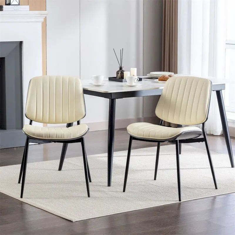 Beige / Black PU Dining Chair, Mid-Century Style, Set of 2