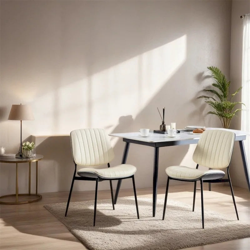 Beige / Black PU Dining Chair, Mid-Century Style, Set of 2