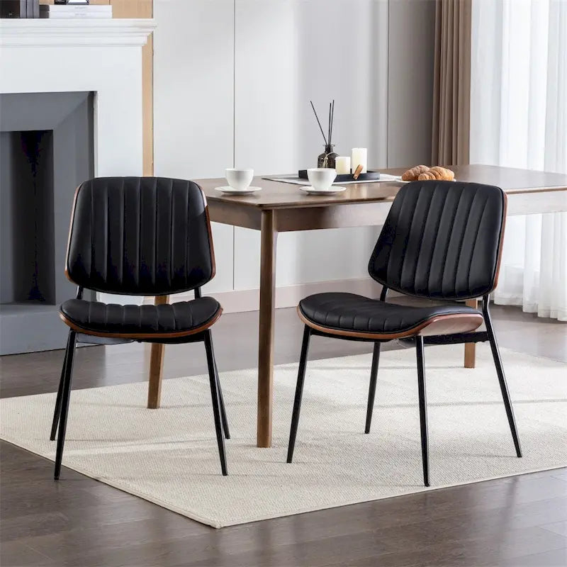 Beige / Black PU Dining Chair, Mid-Century Style, Set of 2