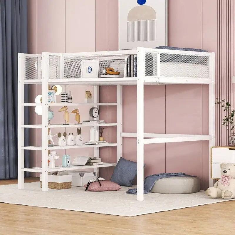 White/Pink/Black Twin Metal Loft Bed with Shelves, 1-Person