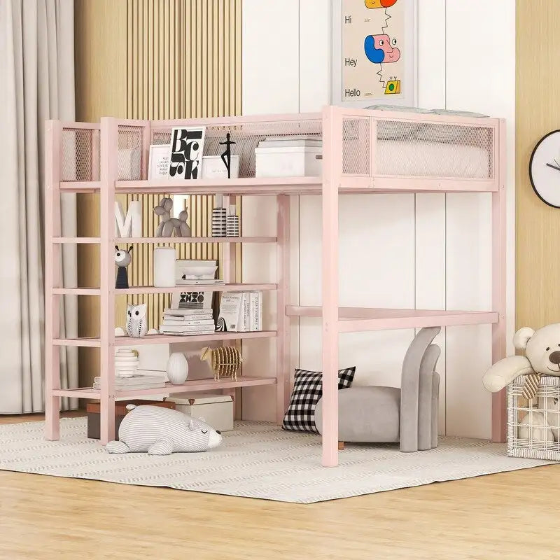 White/Pink/Black Twin Metal Loft Bed with Shelves, 1-Person