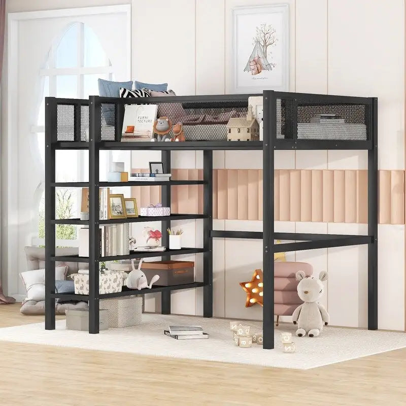 White/Pink/Black Twin Metal Loft Bed with Shelves, 1-Person