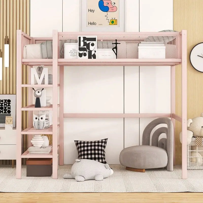 White/Pink/Black Twin Metal Loft Bed with Shelves, 1-Person