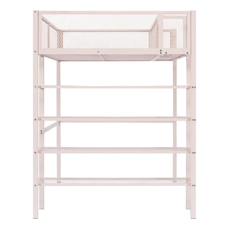 White/Pink/Black Twin Metal Loft Bed with Shelves, 1-Person