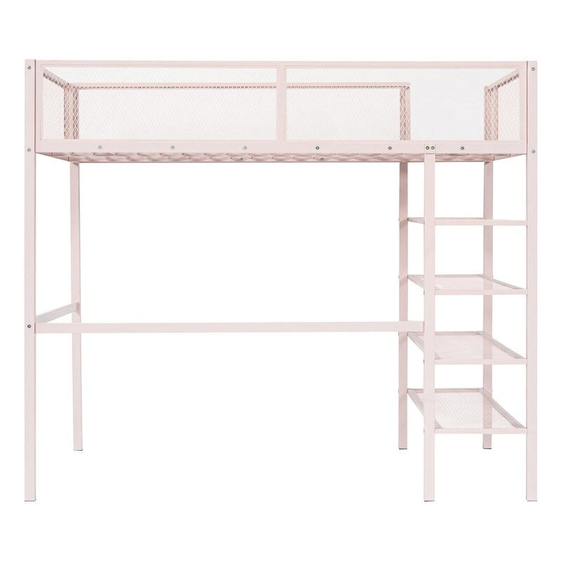 White/Pink/Black Twin Metal Loft Bed with Shelves, 1-Person