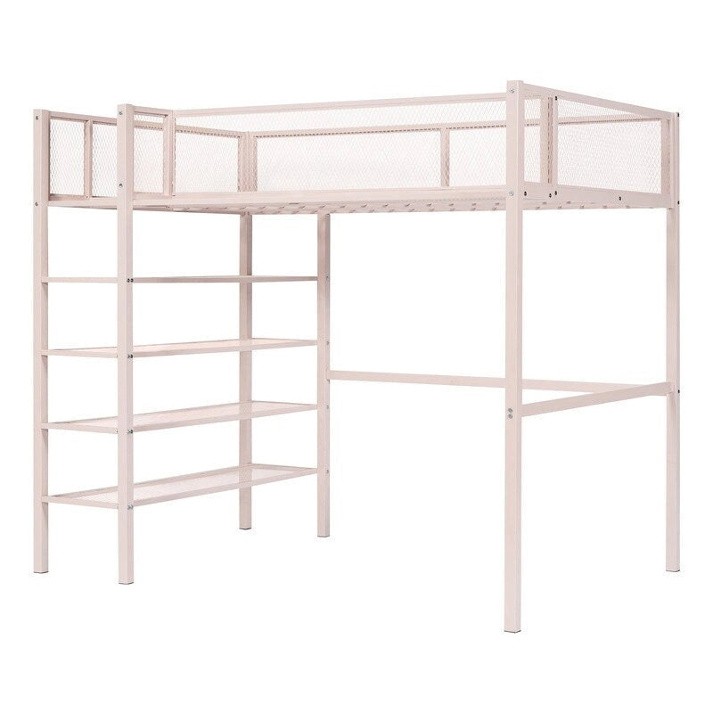 White/Pink/Black Twin Metal Loft Bed with Shelves, 1-Person
