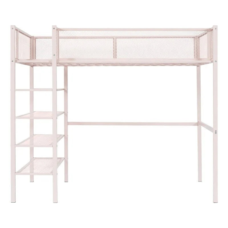 White/Pink/Black Twin Metal Loft Bed with Shelves, 1-Person