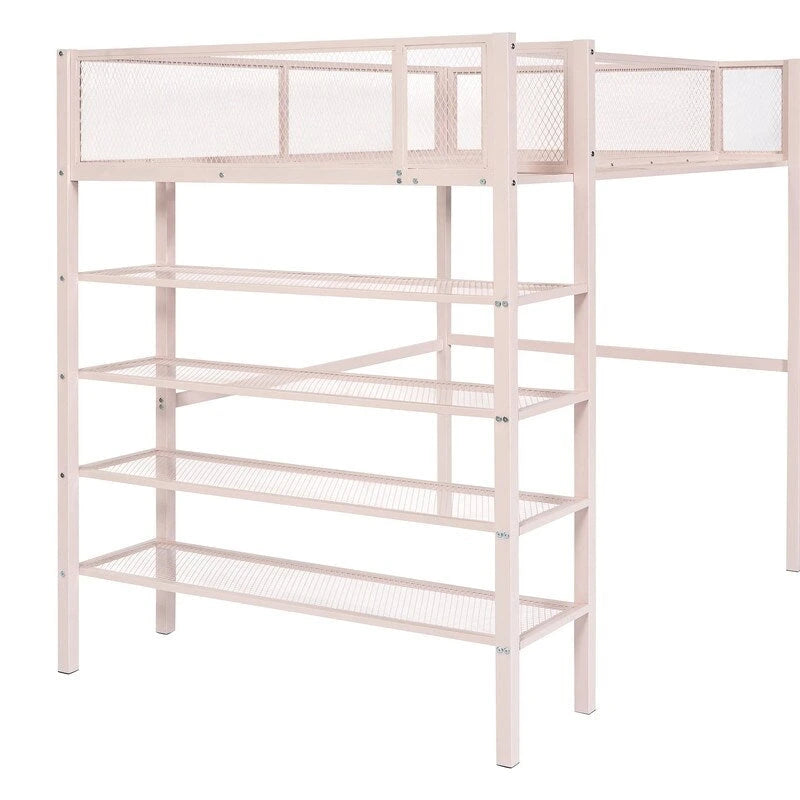 White/Pink/Black Twin Metal Loft Bed with Shelves, 1-Person