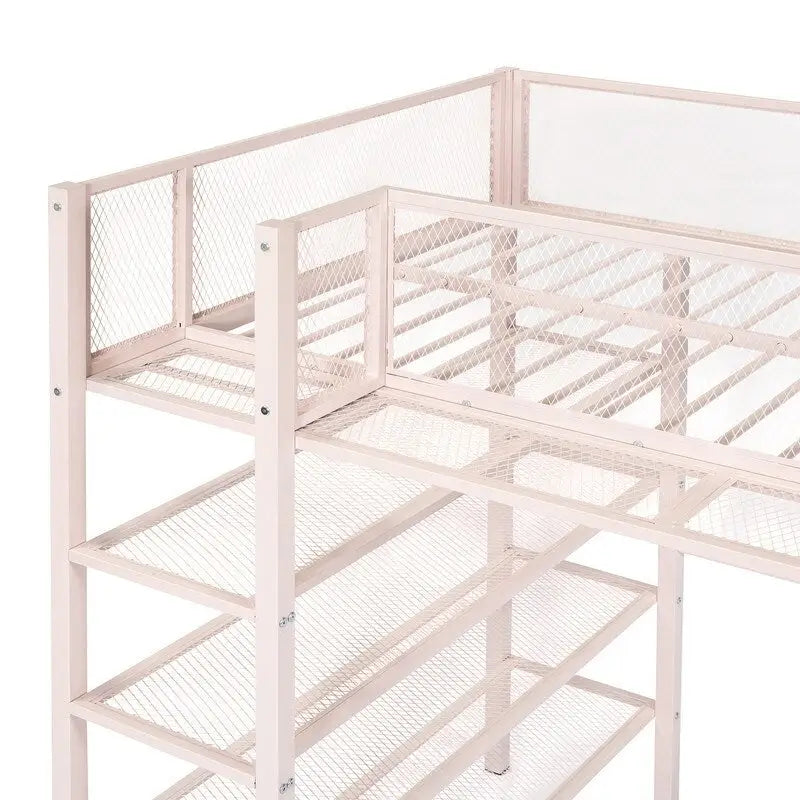 White/Pink/Black Twin Metal Loft Bed with Shelves, 1-Person