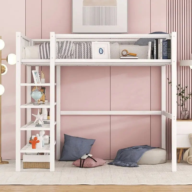 White/Pink/Black Twin Metal Loft Bed with Shelves, 1-Person