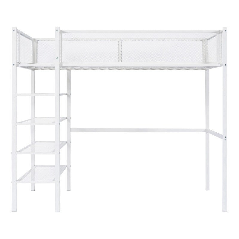 White/Pink/Black Twin Metal Loft Bed with Shelves, 1-Person