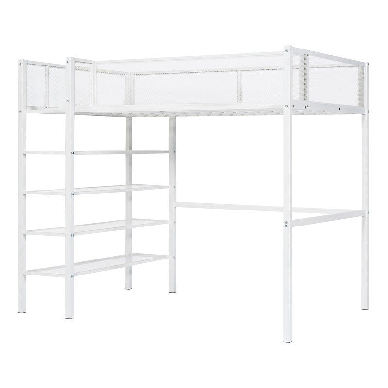White/Pink/Black Twin Metal Loft Bed with Shelves, 1-Person