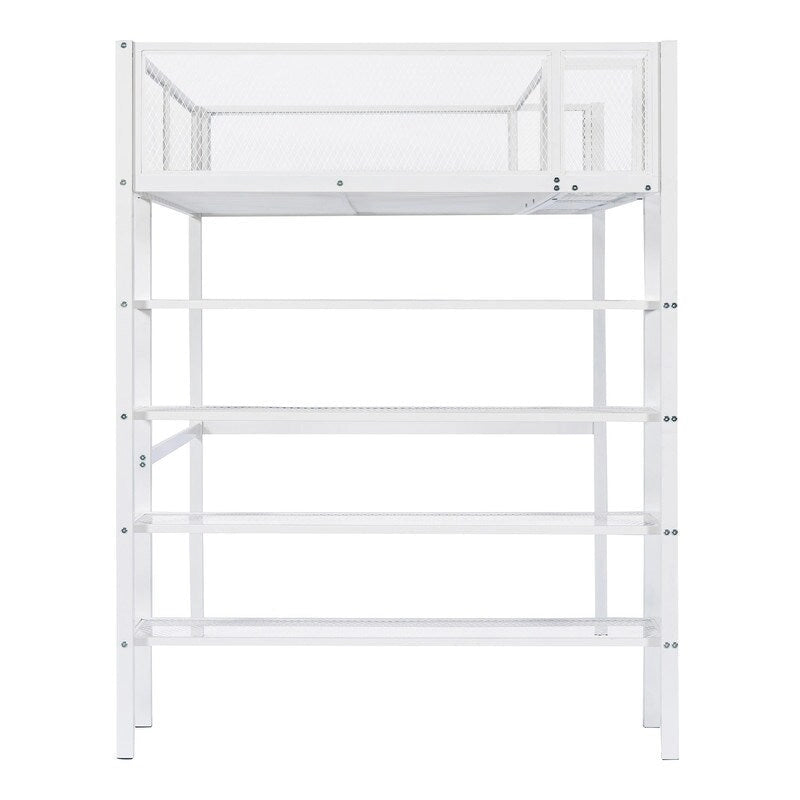White/Pink/Black Twin Metal Loft Bed with Shelves, 1-Person