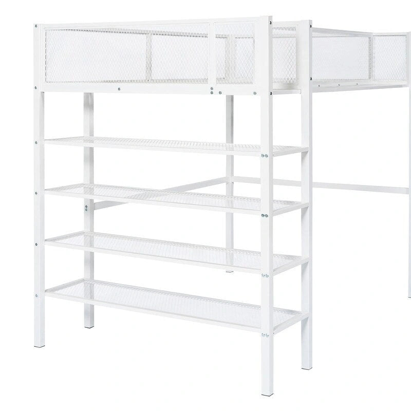 White/Pink/Black Twin Metal Loft Bed with Shelves, 1-Person