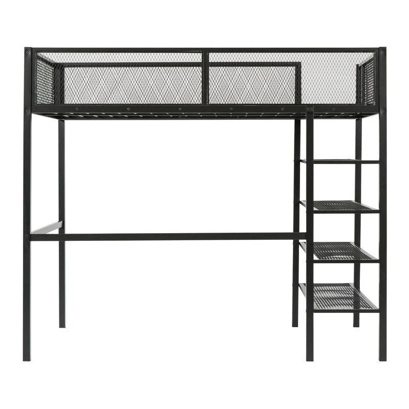 White/Pink/Black Twin Metal Loft Bed with Shelves, 1-Person