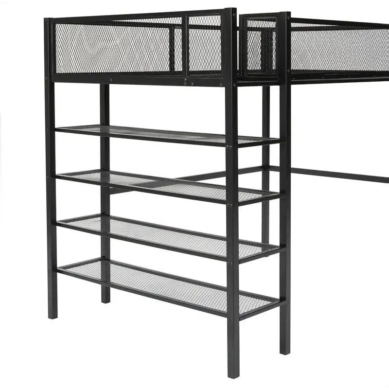White/Pink/Black Twin Metal Loft Bed with Shelves, 1-Person