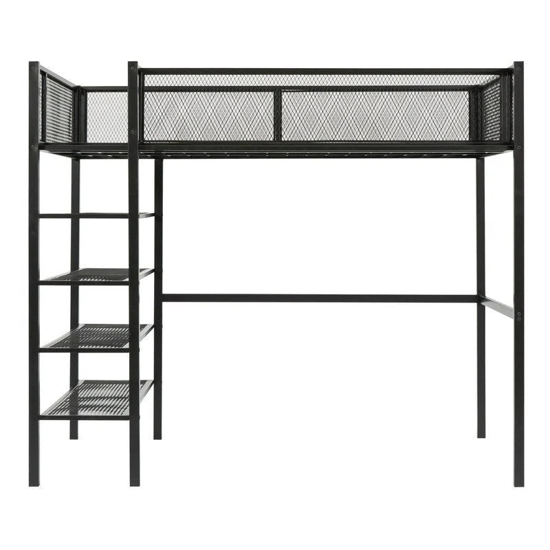 White/Pink/Black Twin Metal Loft Bed with Shelves, 1-Person