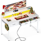 White L-Shaped Computer Desk with 3 Drawers, LED Lights & Charging Ports, Single User