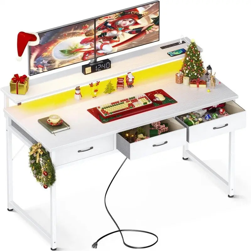 White L-Shaped Computer Desk with 3 Drawers, LED Lights & Charging Ports, Single User