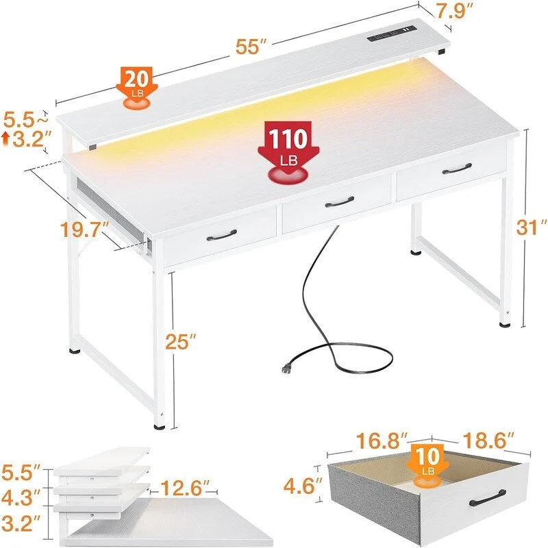 White L-Shaped Computer Desk with 3 Drawers, LED Lights & Charging Ports, Single User
