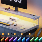 White L-Shaped Computer Desk with 3 Drawers, LED Lights & Charging Ports, Single User