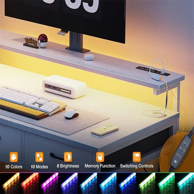 White L-Shaped Computer Desk with 3 Drawers, LED Lights & Charging Ports, Single User