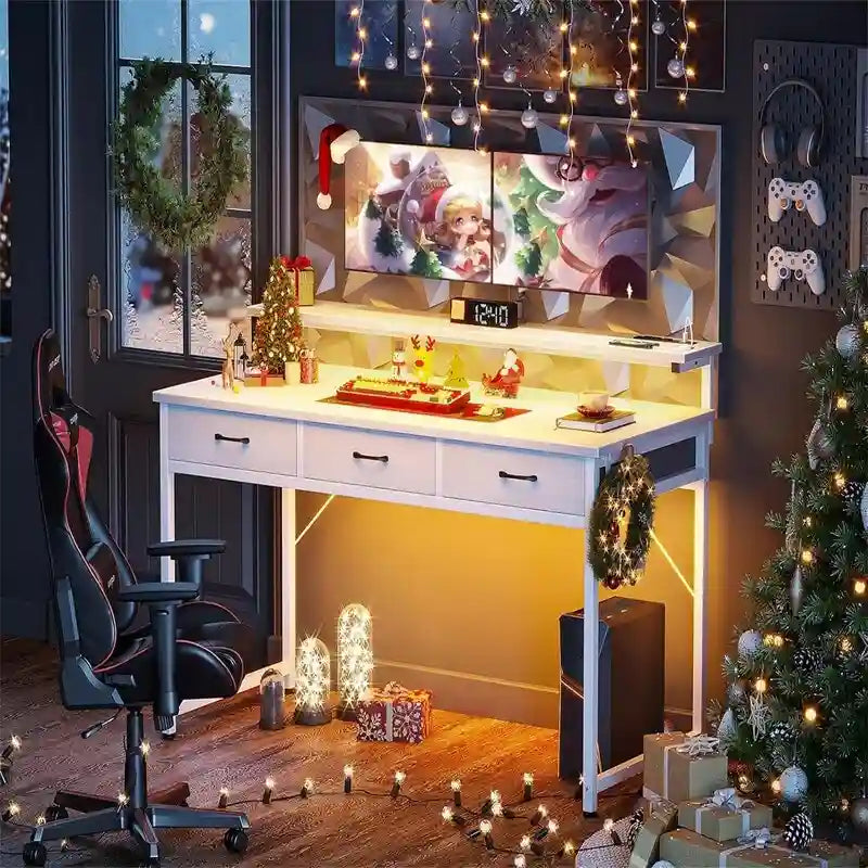 White L-Shaped Computer Desk with 3 Drawers, LED Lights & Charging Ports, Single User