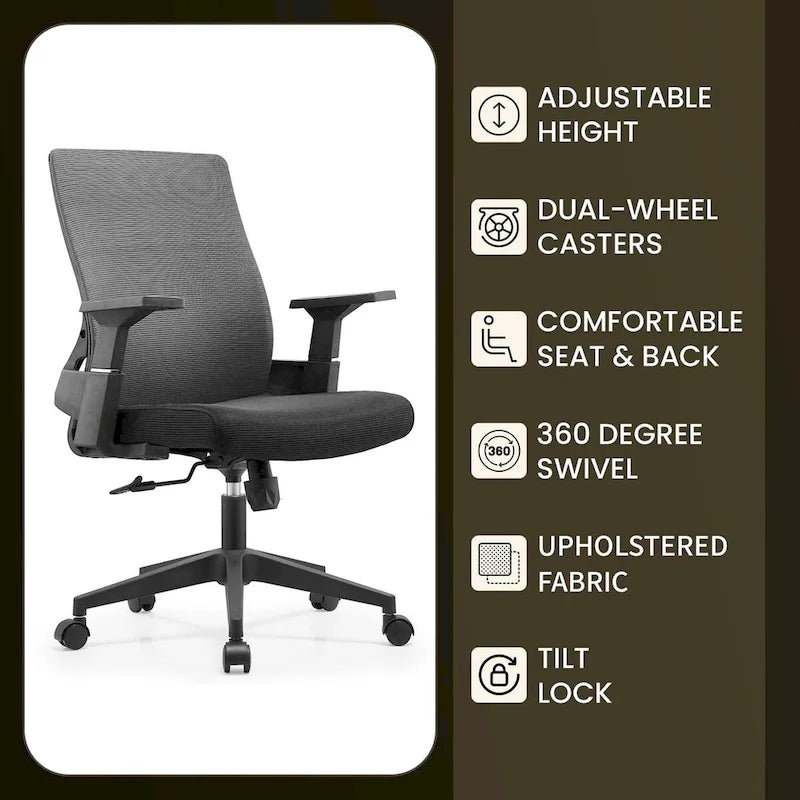Black / White / Grey / Blue Mid-Back Swivel Office Chair, Adjustable Height, Single Seat