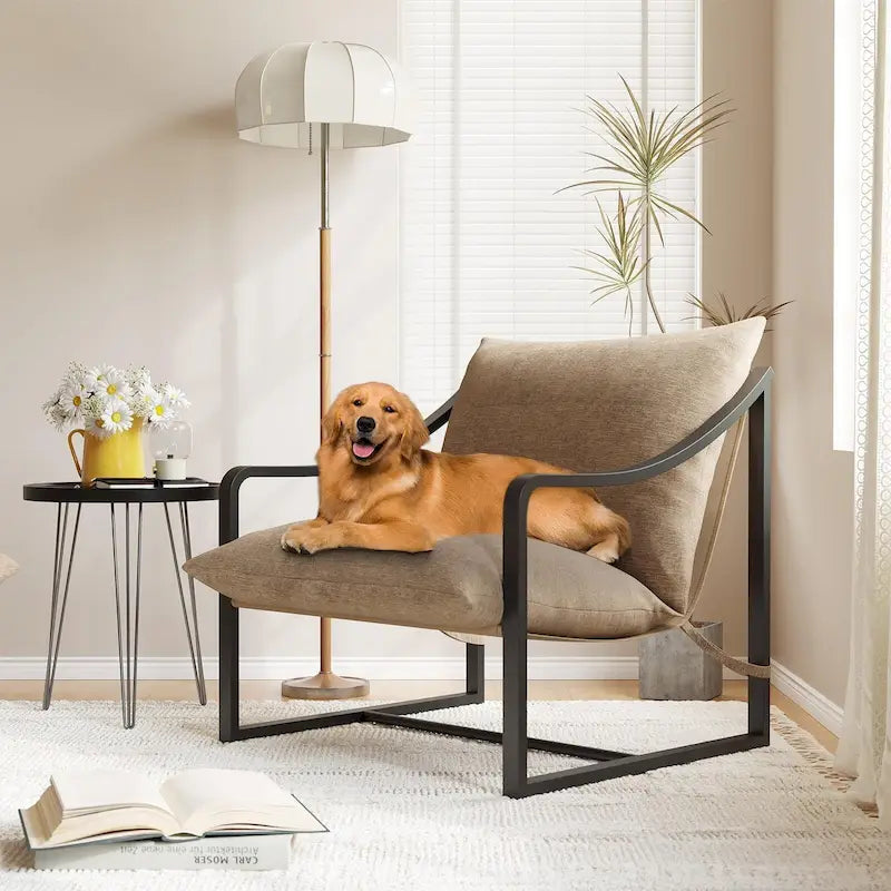 Brown Sling Accent Chair, Single Seat, Foam Cushion & Metal Frame