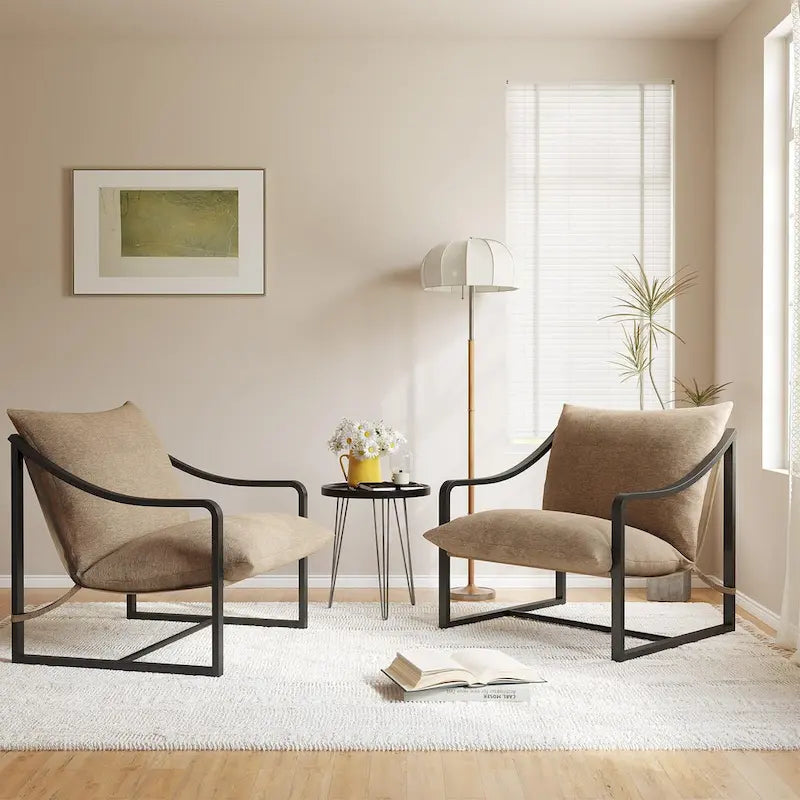 Brown Sling Accent Chair, Single Seat, Foam Cushion & Metal Frame