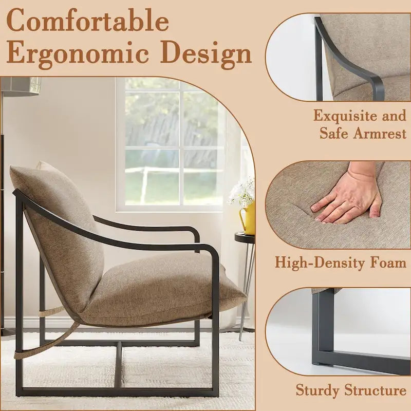 Brown Sling Accent Chair, Single Seat, Foam Cushion & Metal Frame