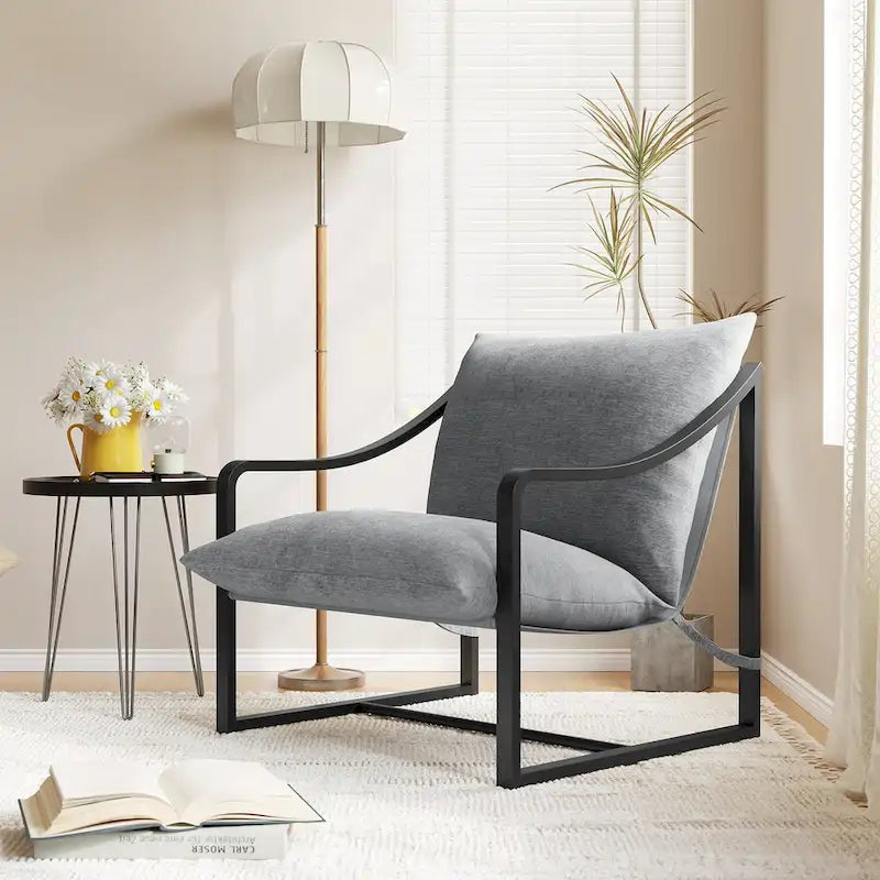 Brown Sling Accent Chair, Single Seat, Foam Cushion & Metal Frame