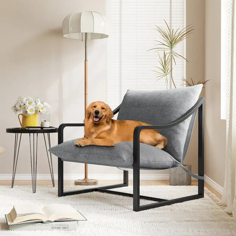 Brown Sling Accent Chair, Single Seat, Foam Cushion & Metal Frame