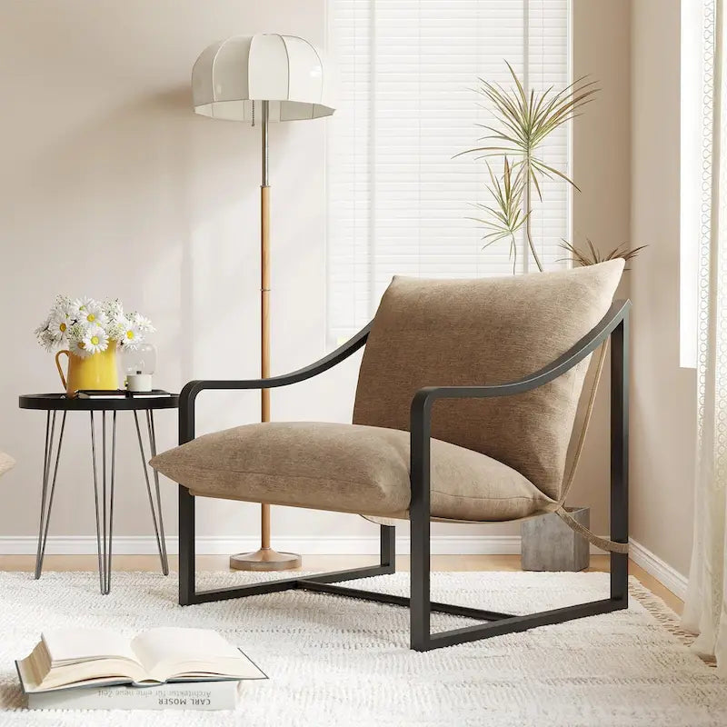 Brown Sling Accent Chair, Single Seat, Foam Cushion & Metal Frame