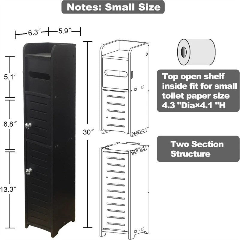 White / Black Slim 2-Door Bathroom Storage Cabinet, Single