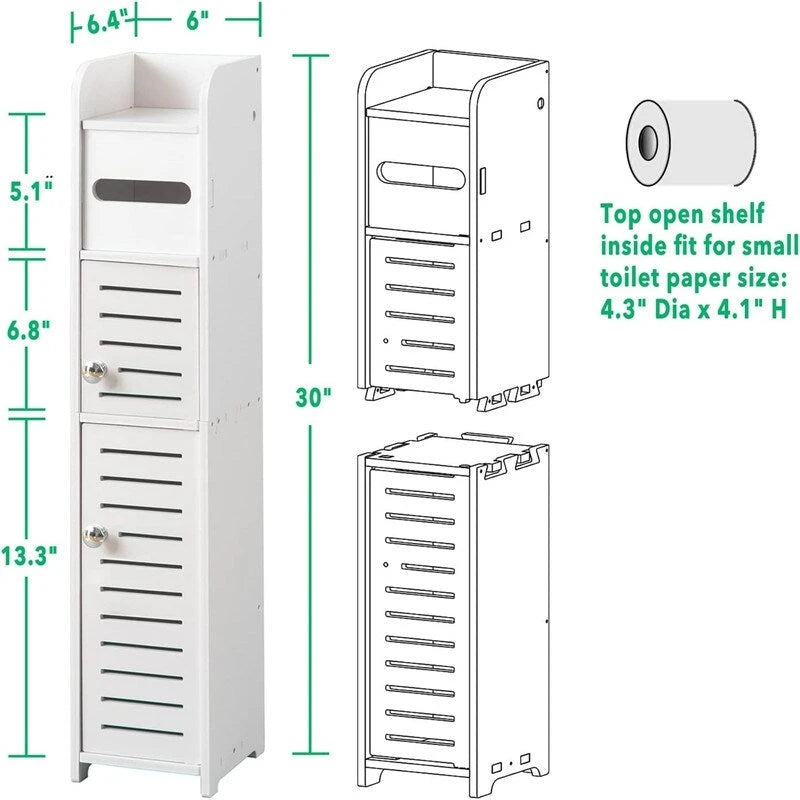 White / Black Slim 2-Door Bathroom Storage Cabinet, Single